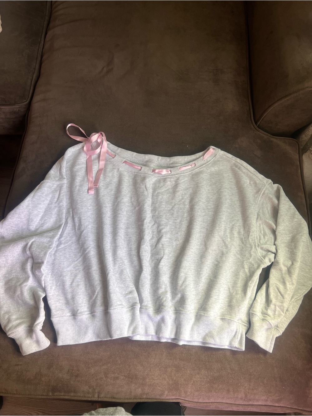 Hollister Light Gray Crewneck Sweater with Pink Ribbon